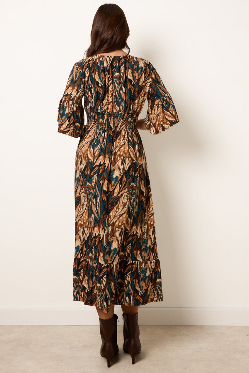 Elasticated Shirred Waist V Neck Midi Dress BV261812030