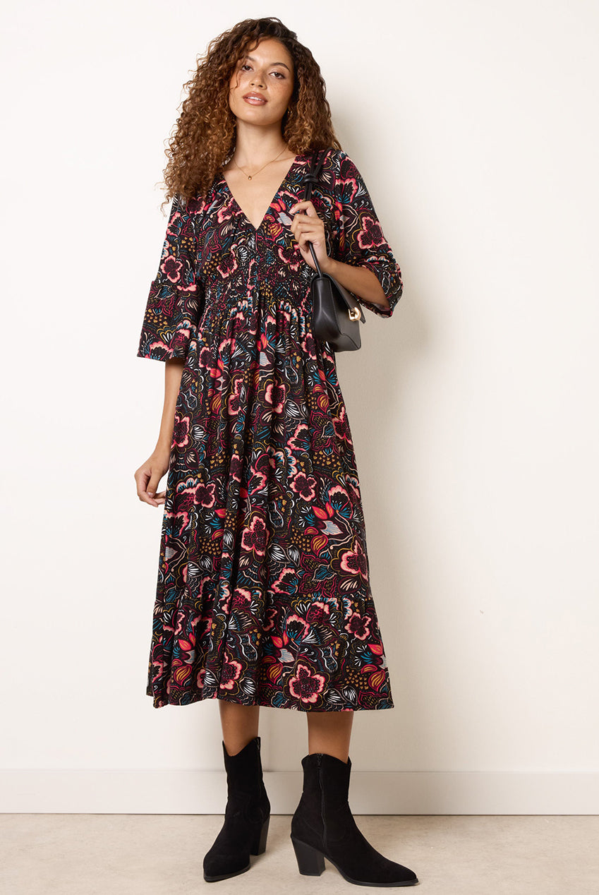 V Neck Elasticated Midi Dress BV261814063