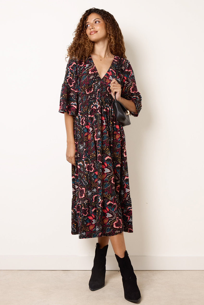 V Neck Elasticated Midi Dress BV261814063
