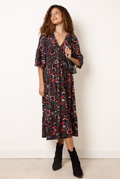 Multi - V Neck Elasticated Midi Dress by Blue Vanilla