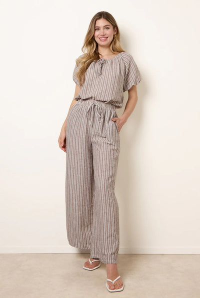 Chocolate - Tie Waist Stripe Wide Leg Trousers by Blue Vanilla