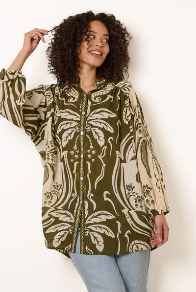 Khaki - Tropical Metallic Oversized Shirt by Blue Vanilla