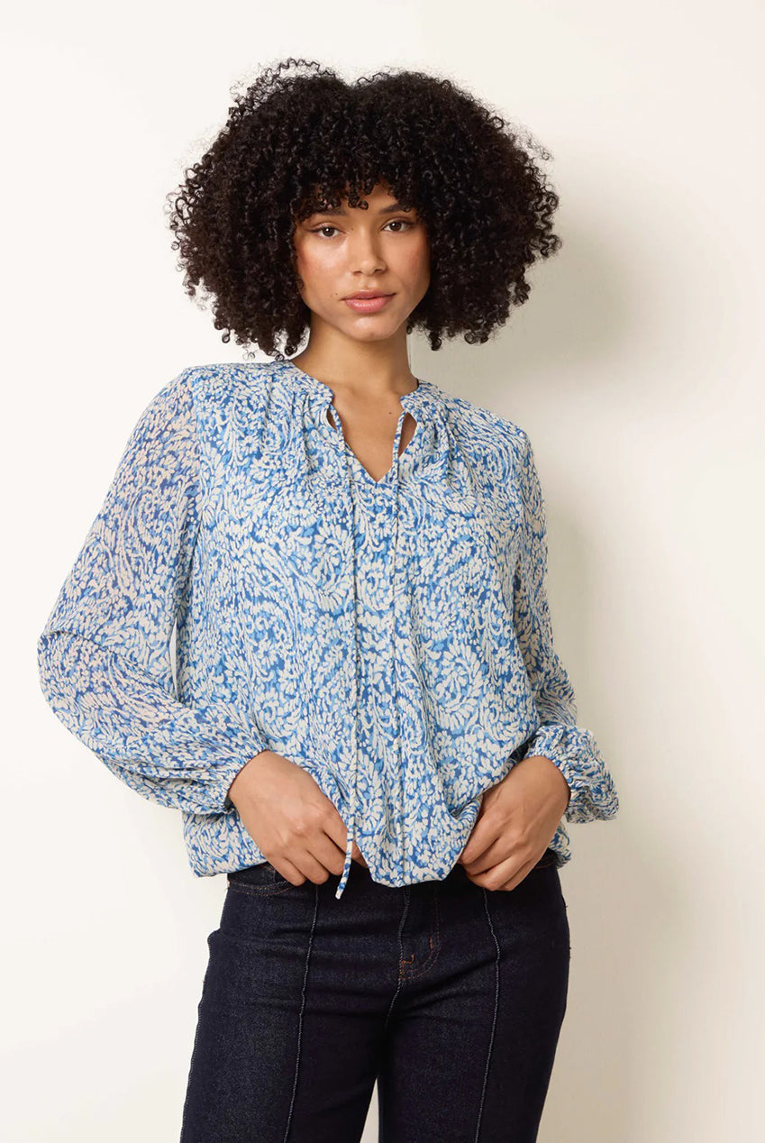 Grandad Tie Neck Puff Hem Watercolour Blouse BV269413229