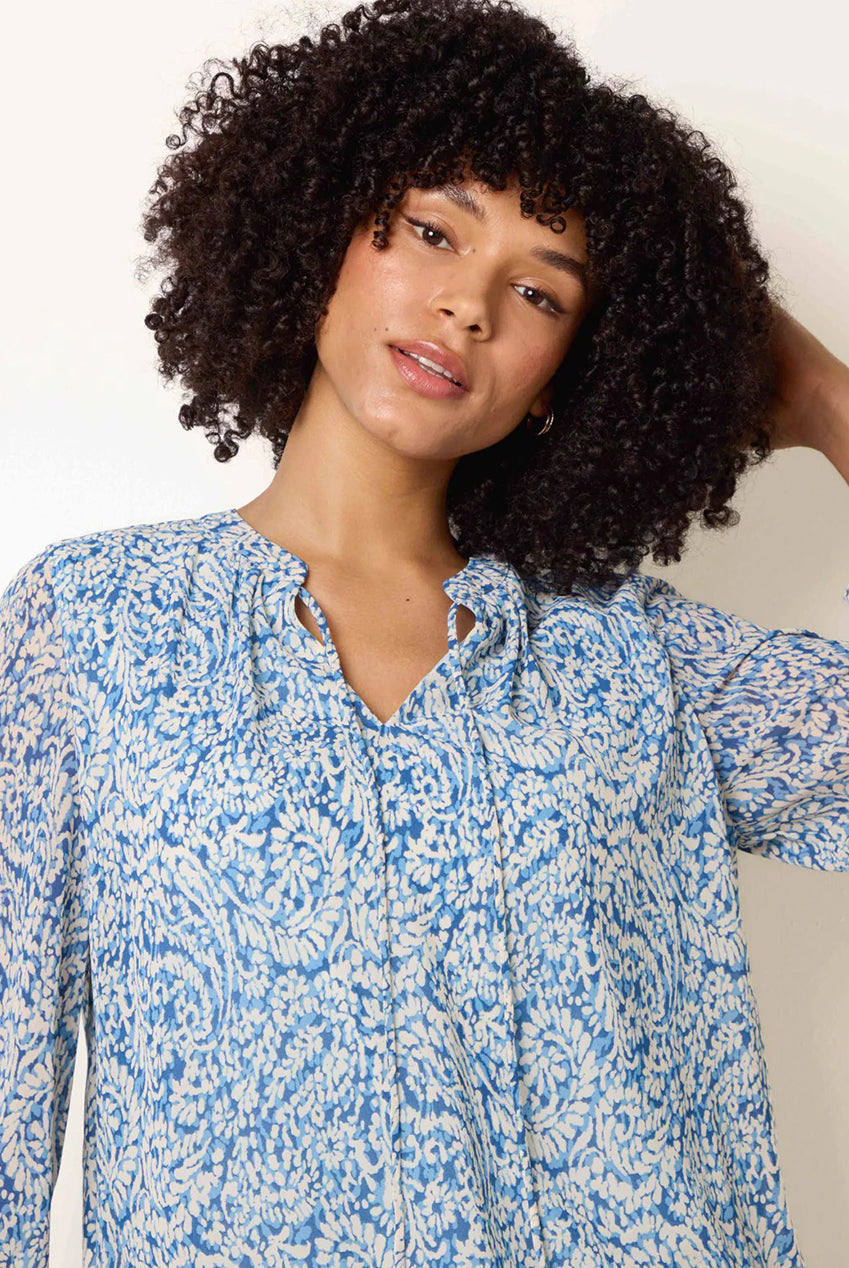 Grandad Tie Neck Puff Hem Watercolour Blouse BV269413229