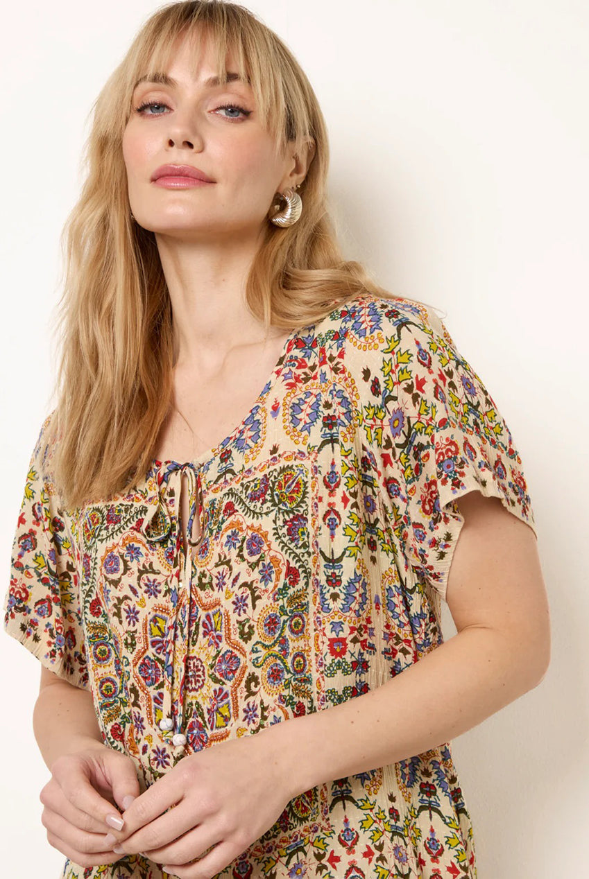 Paisley Print Embellished Tie Front Top BV269416063
