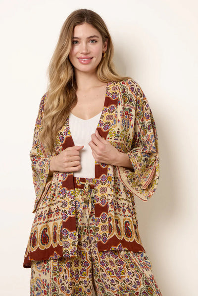Multi - Paisley Print Kimono With Embellishment by Blue Vanilla