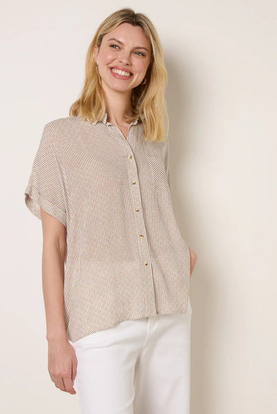 Taupe - Stripe Button Front Shirt by Blue Vanilla