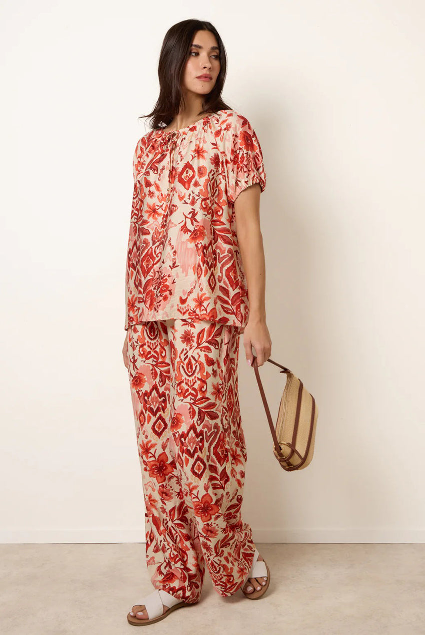 Watercolour Floral Print Elasticated Sleeve Top BV269431077