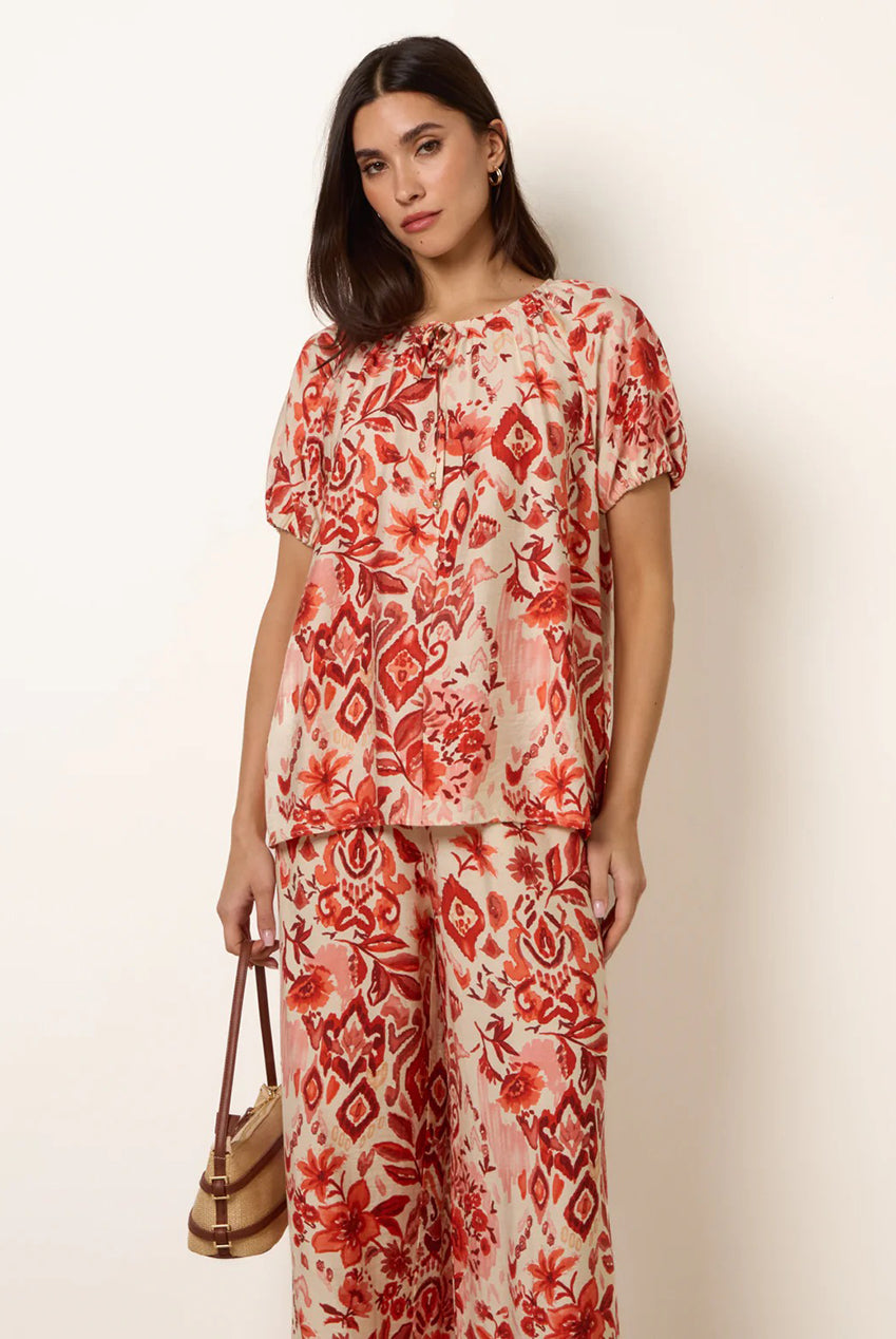 Watercolour Floral Print Elasticated Sleeve Top BV269431077
