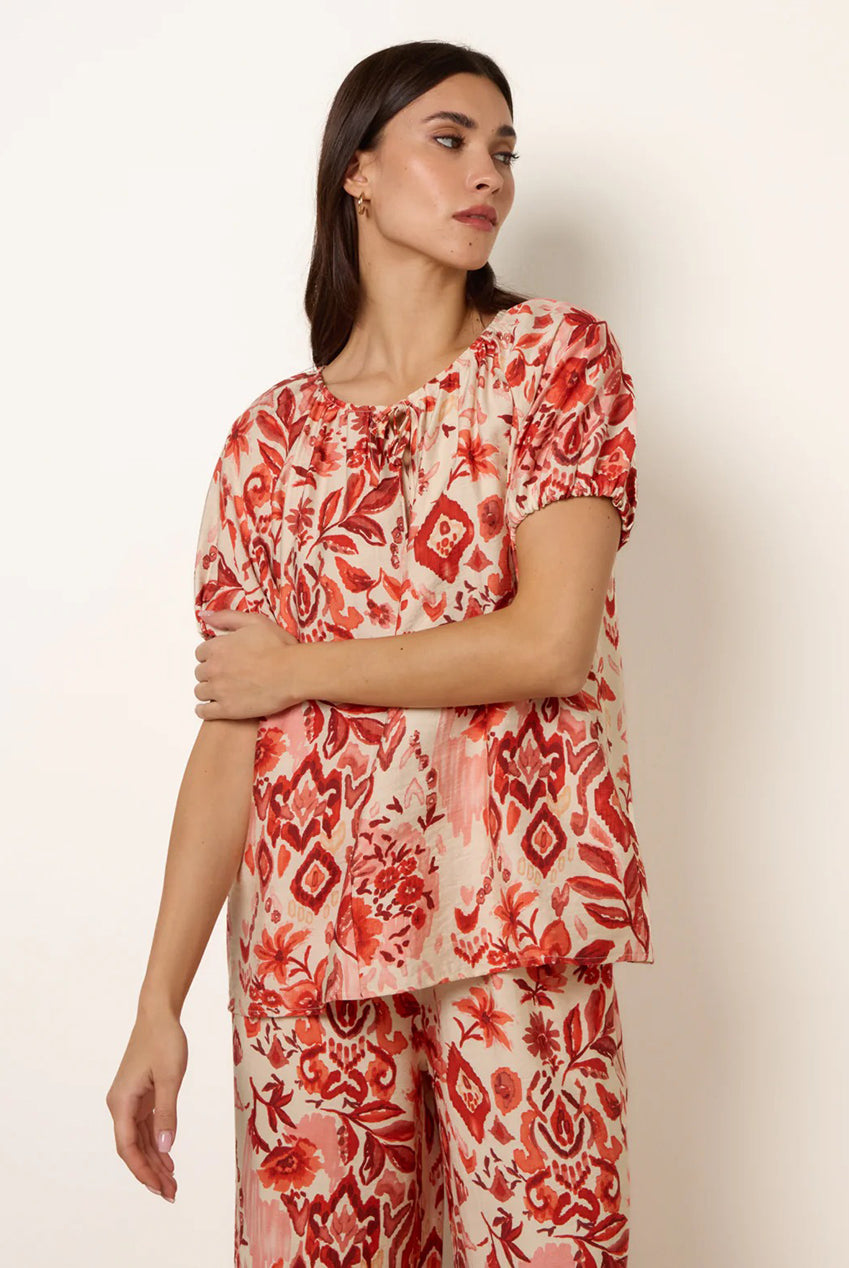 Watercolour Floral Print Elasticated Sleeve Top BV269431077