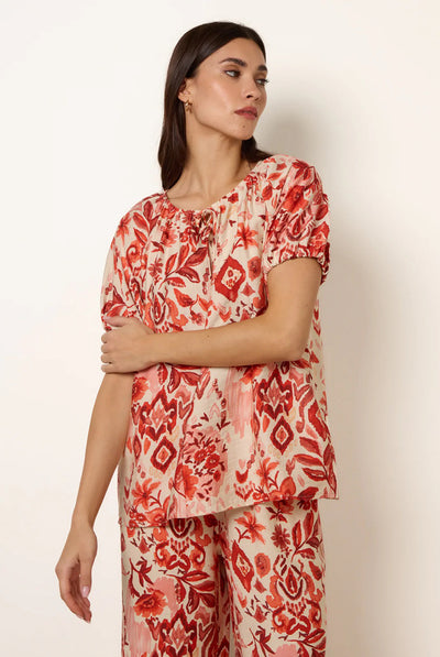 Orange - Watercolour Floral Print Elasticated Sleeve Top by Blue Vanilla