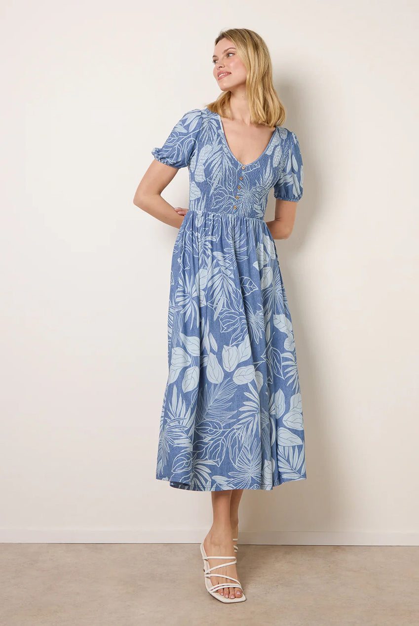 Shirred Button V Neck Midi Dress BV269828018
