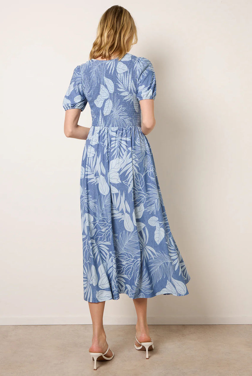 Shirred Button V Neck Midi Dress BV269828018