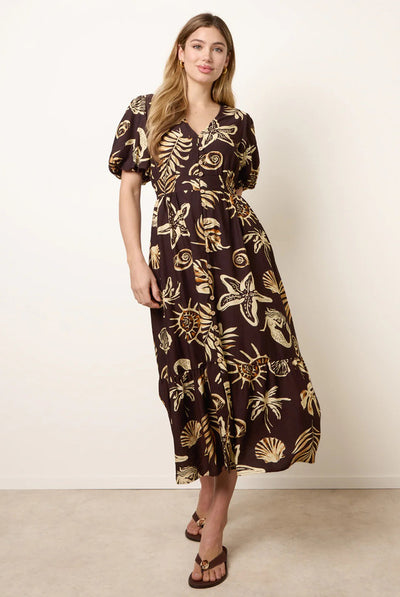 Chocolate - Tropical Button Through Midi Dress by Blue Vanilla