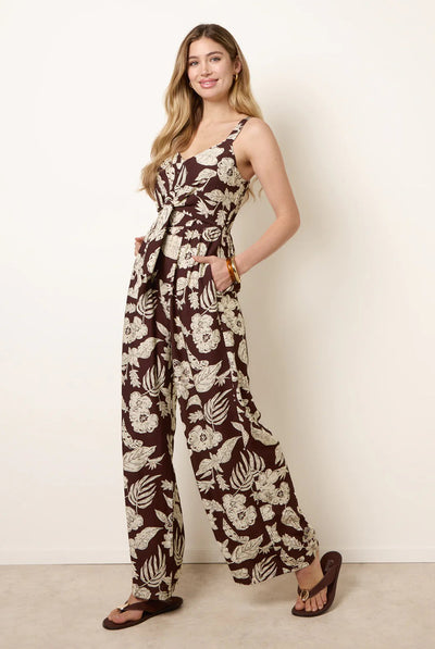 Chocolate - Tropical Tie Front Jumpsuit by Blue Vanilla