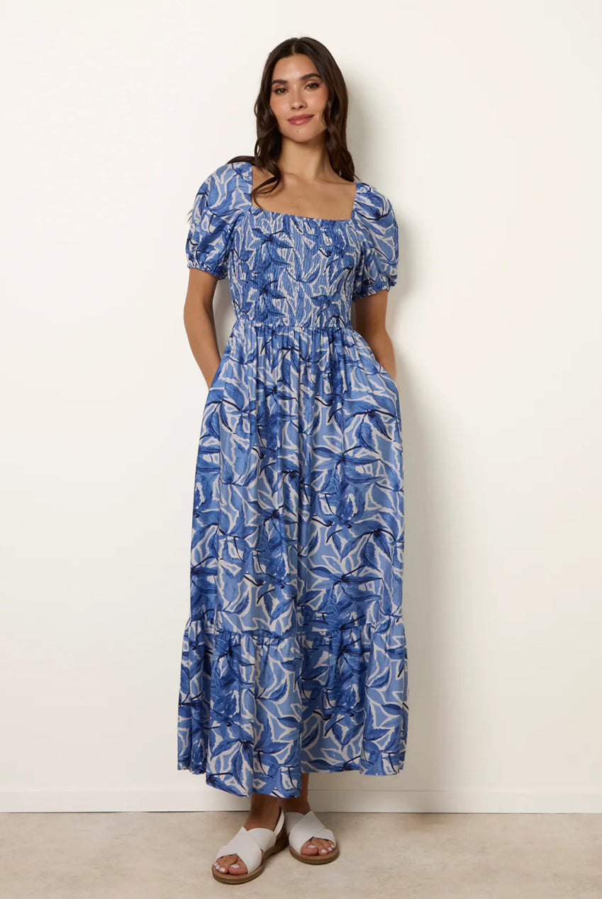 Large Floral Printed Square Neck Puff Sleeve Dress BV269852002