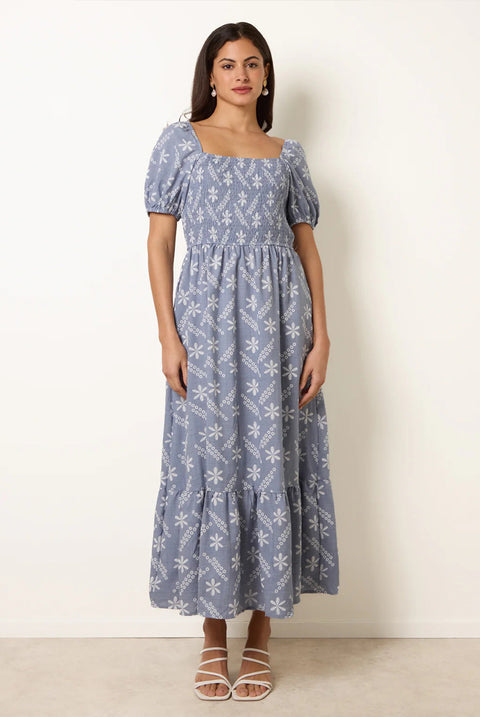 Embroidery Puff Sleeve Midi Dress by Blue Vanilla