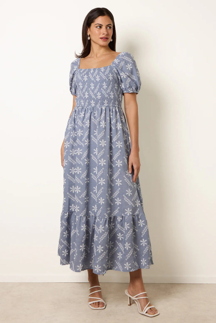 Embroidery Puff Sleeve Midi Dress BV269853002