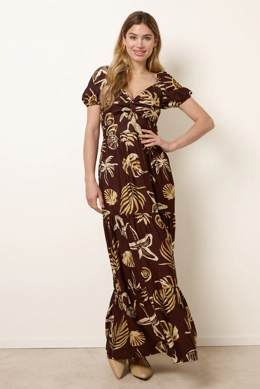 Shell Knot Front Puff Sleeve Midi Dress BV269854030