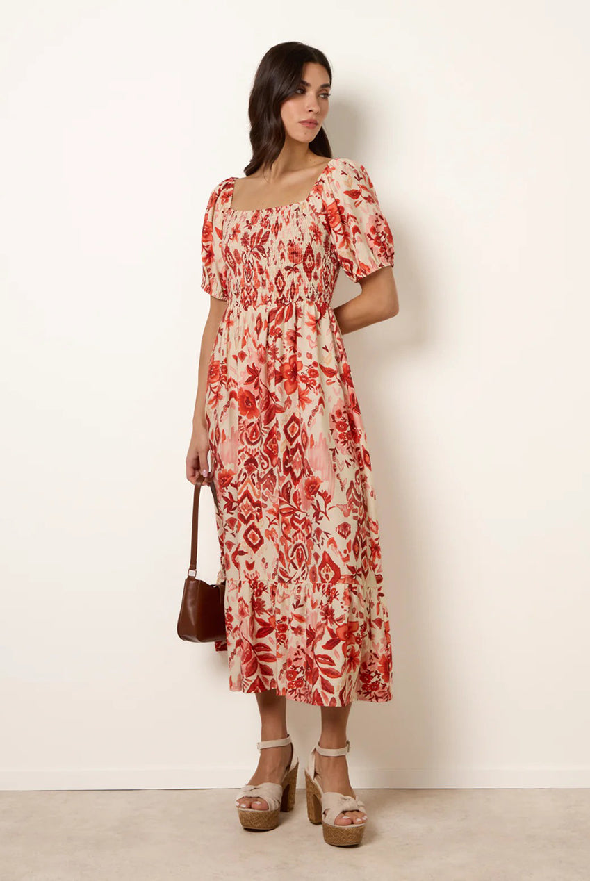 Watercolour Floral Shirred Puff Sleeve Midi Dress BV269855077