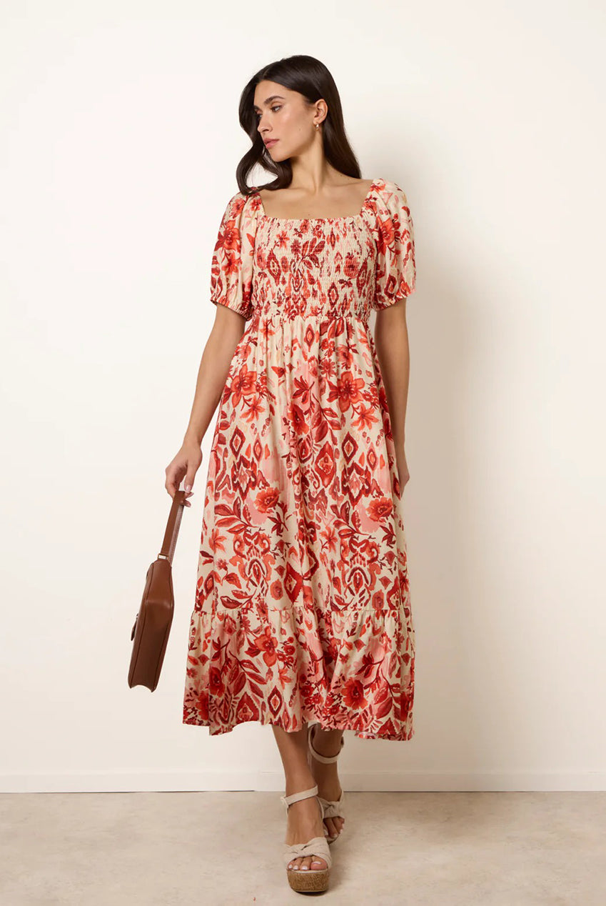 Watercolour Floral Shirred Puff Sleeve Midi Dress BV269855077