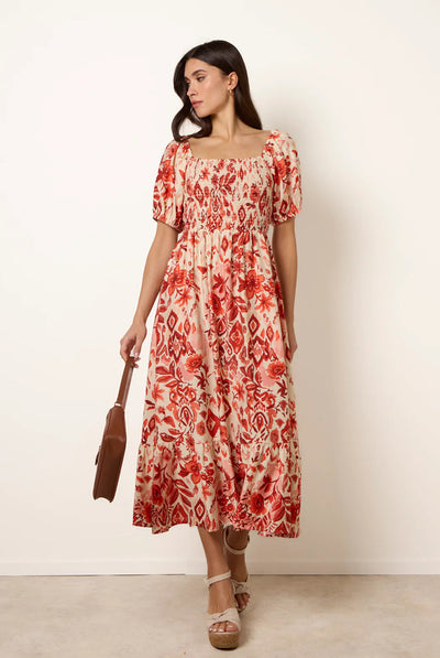 Orange - Watercolour Floral Shirred Puff Sleeve Midi Dress by Blue Vanilla