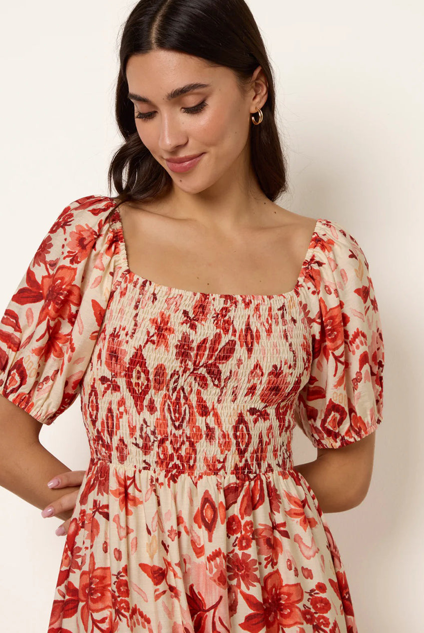 Watercolour Floral Shirred Puff Sleeve Midi Dress BV269855077