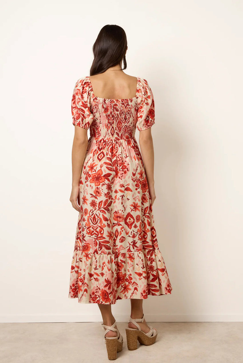 Watercolour Floral Shirred Puff Sleeve Midi Dress BV269855077