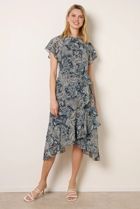 Paisley Print Angel Sleeve Asymmetric Midi Dress by Blue Vanilla
