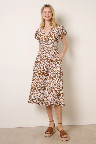 Mocha - Printed V Neck Frill Sleeve Midi Dress by Blue Vanilla