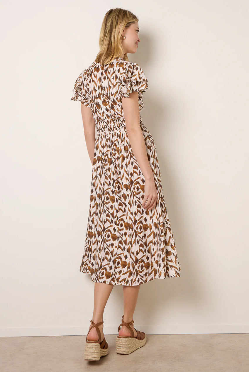Printed V Neck Frill Sleeve Midi Dress BV269865004