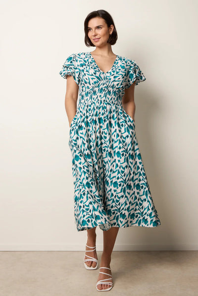 Teal - Printed V Neck Frill Sleeve Midi Dress by Blue Vanilla