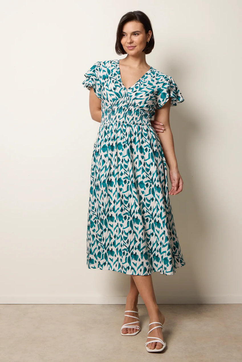Printed V Neck Frill Sleeve Midi Dress BV269865043