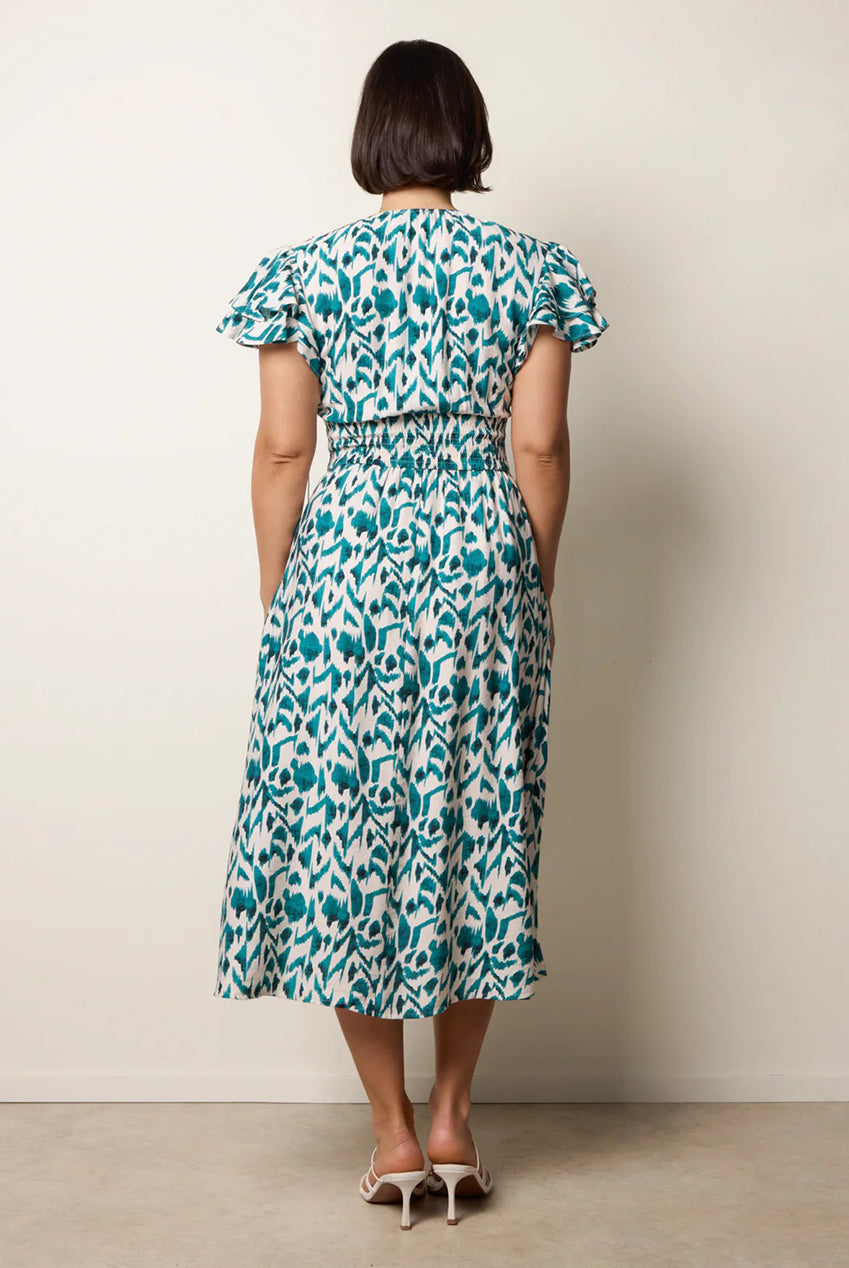 Printed V Neck Frill Sleeve Midi Dress BV269865043