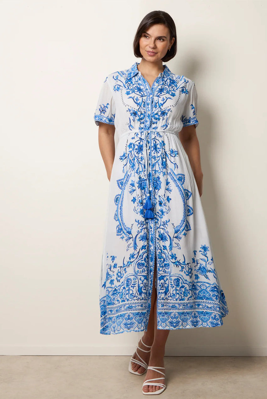 Floral Blue Print Drawstring Dress BV269868002