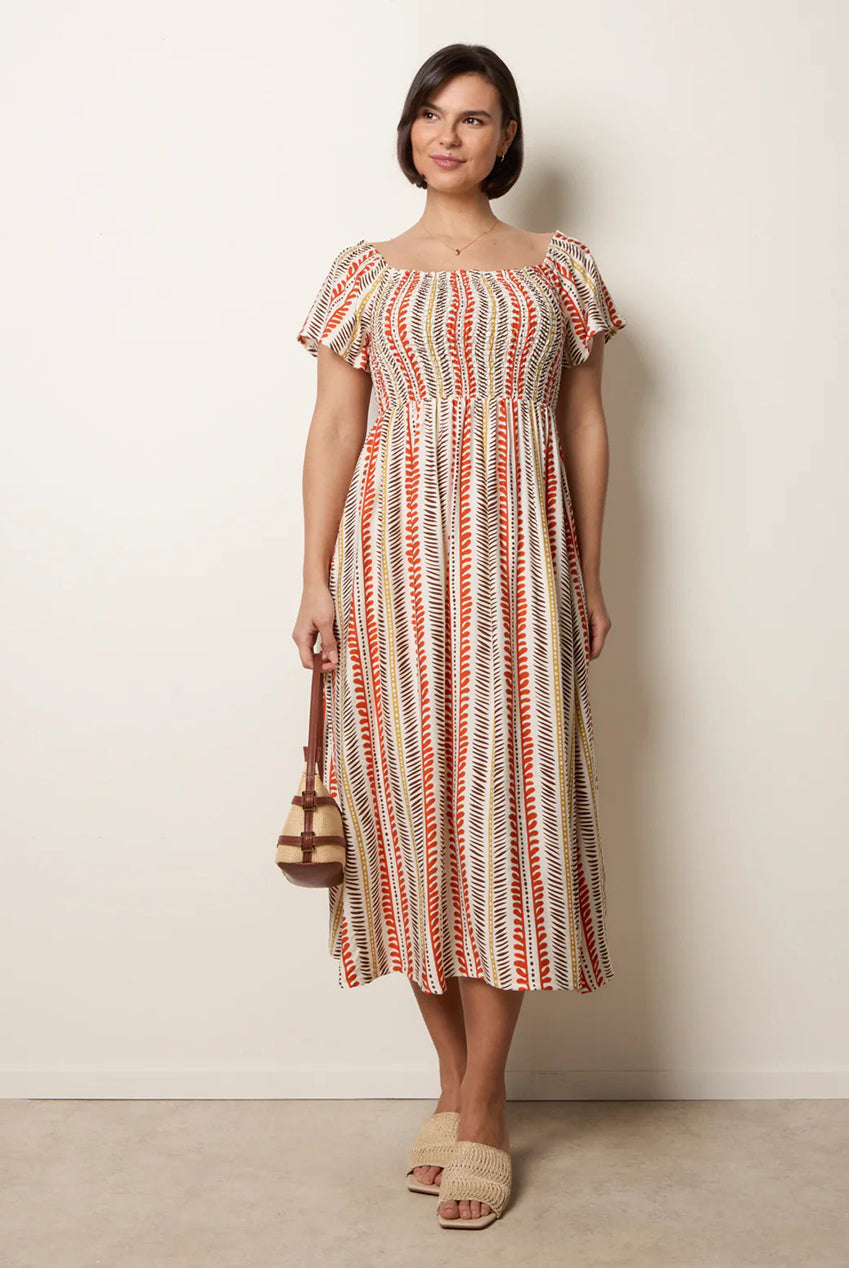 Short Sleeve Shirred Waist Abstract Print Dress BV269882077