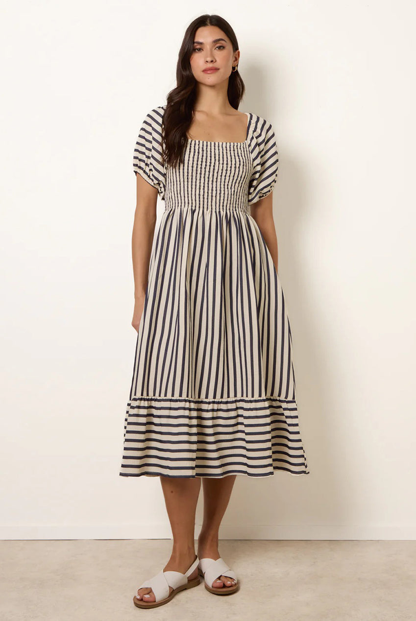 Square Neck Puff Sleeve Stripe Midi Dress BV269899002