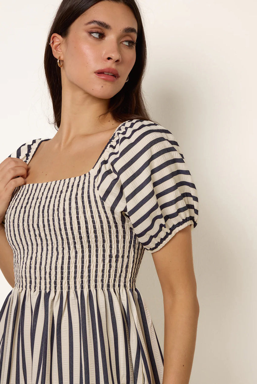 Square Neck Puff Sleeve Stripe Midi Dress BV269899002