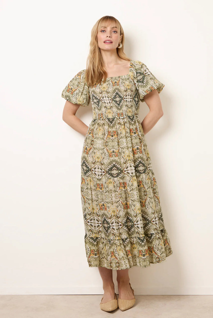 Abstract Print Puff Sleeve Midi Dress BV269905066