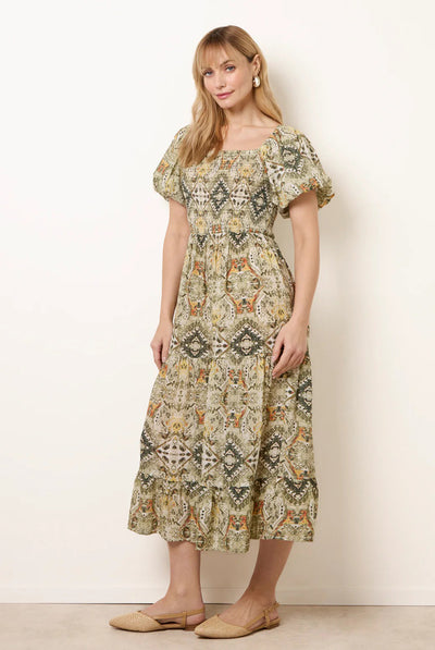 Green - Abstract Print Puff Sleeve Midi Dress by Blue Vanilla