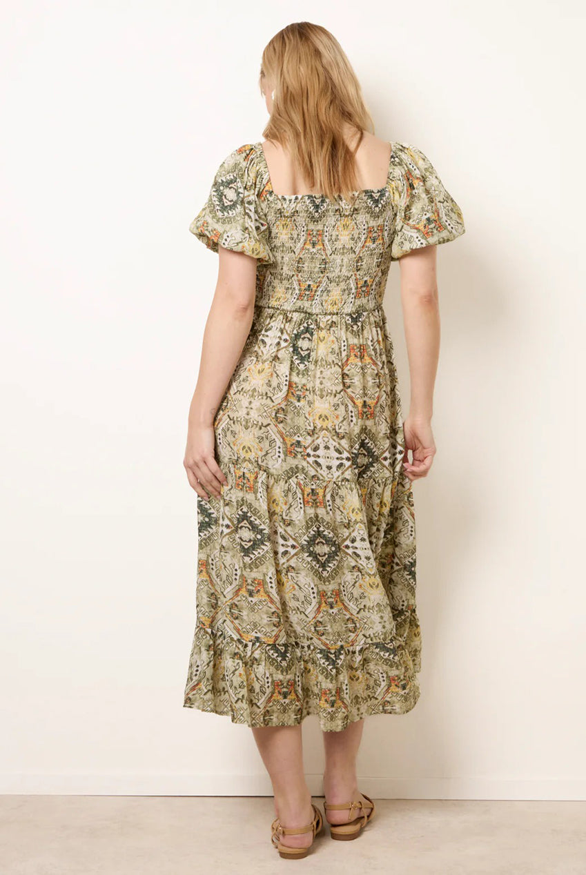Abstract Print Puff Sleeve Midi Dress BV269905066