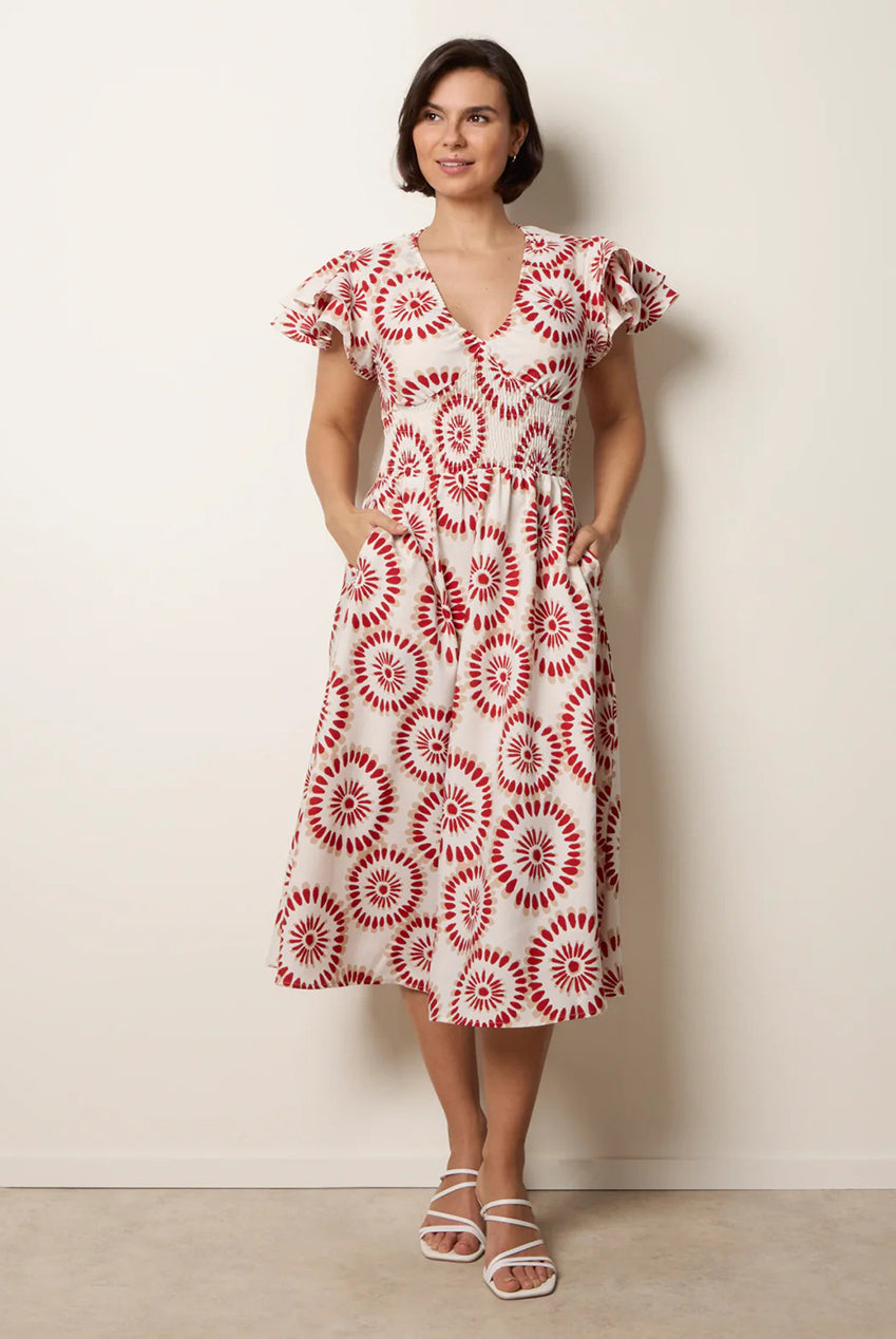 V Neck Frill Sleeve Printed Midi Dress BV269926153