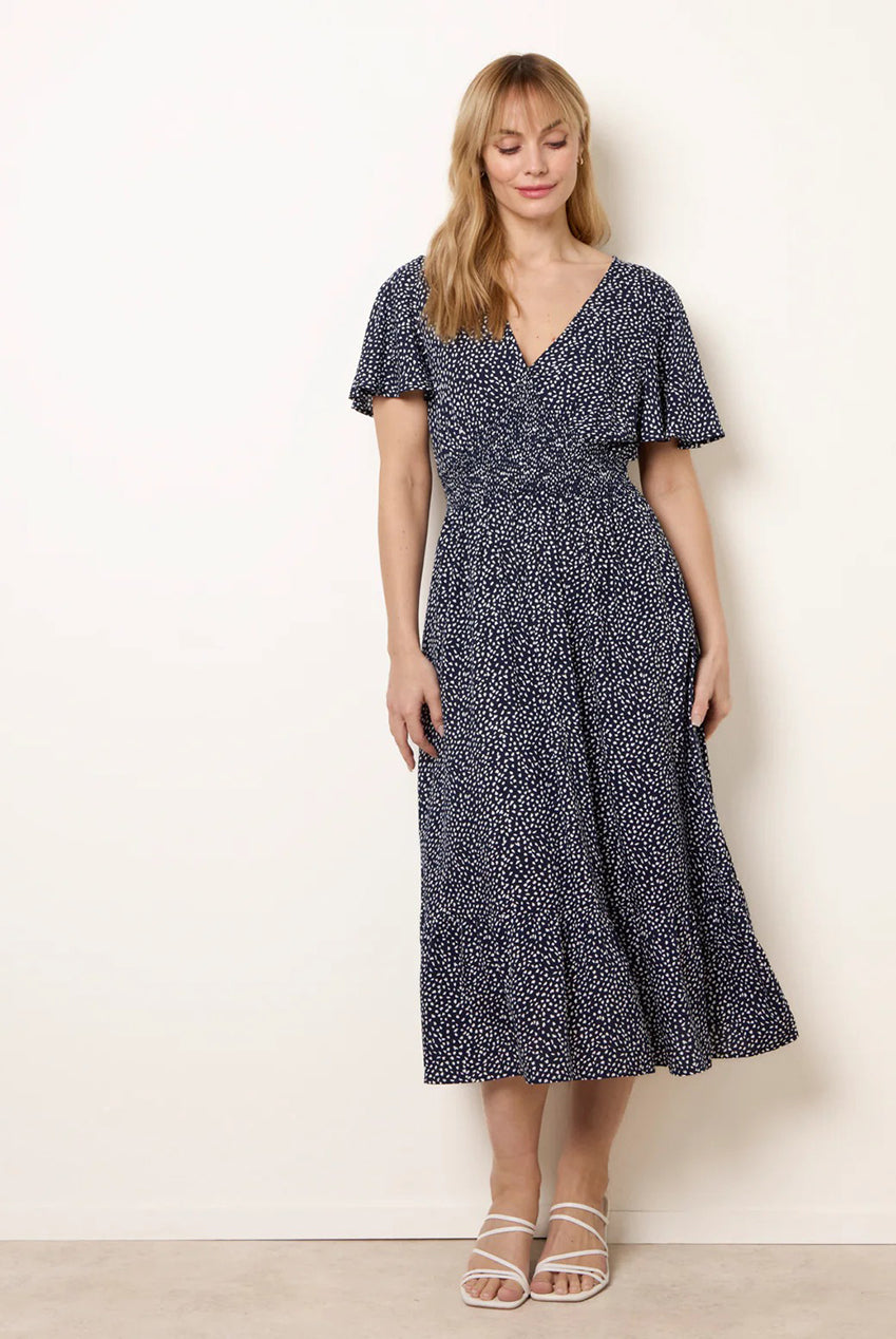 Angel Sleeve Shirred Waist Tier Hem Midi Dress BV269980008