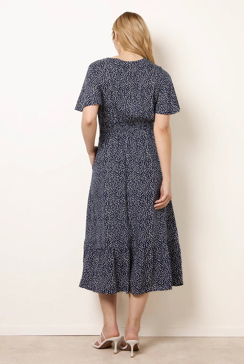 Angel Sleeve Shirred Waist Tier Hem Midi Dress BV269980008