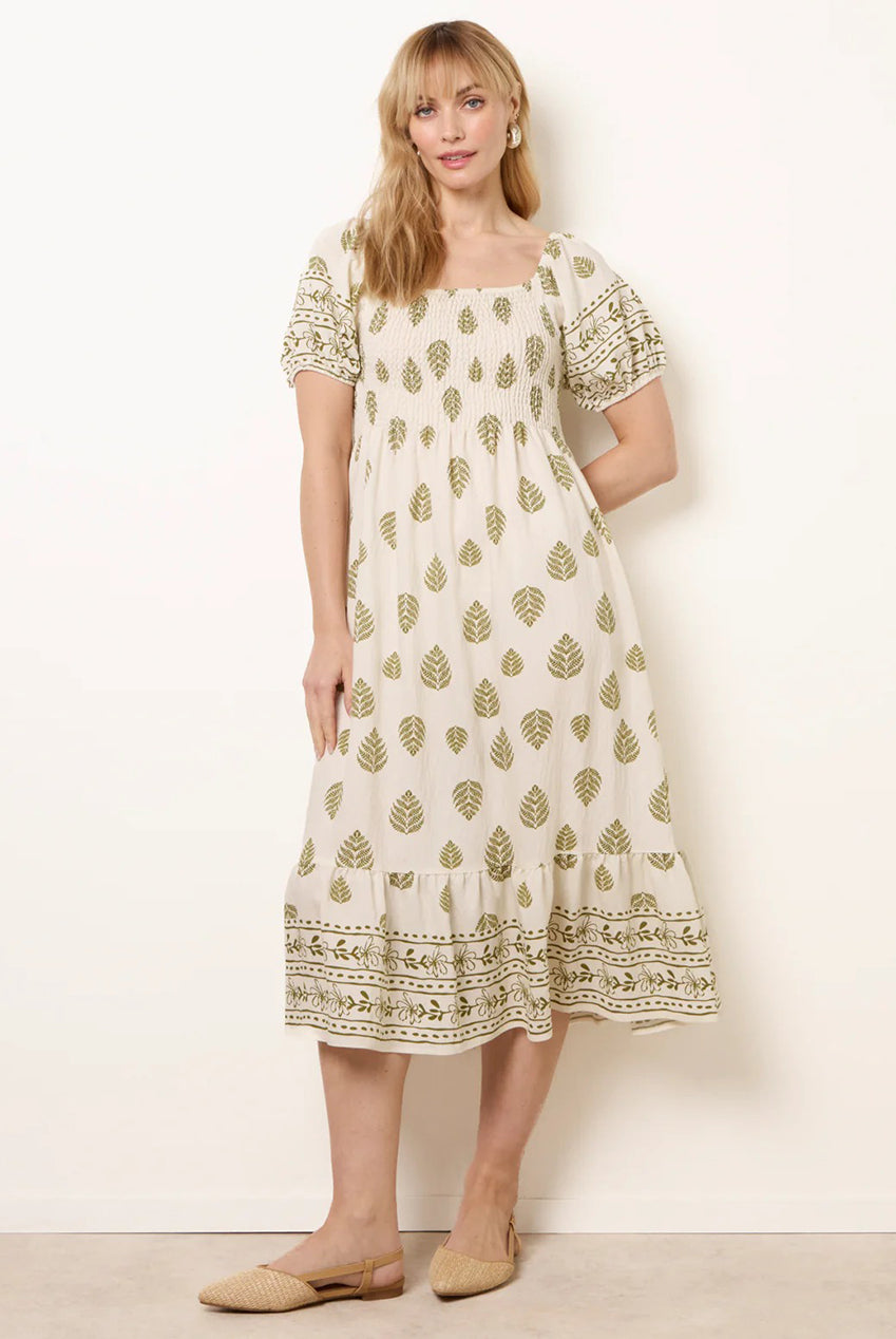 Square Neck Puff Sleeve Shirred Border Midi Dress BV269981023