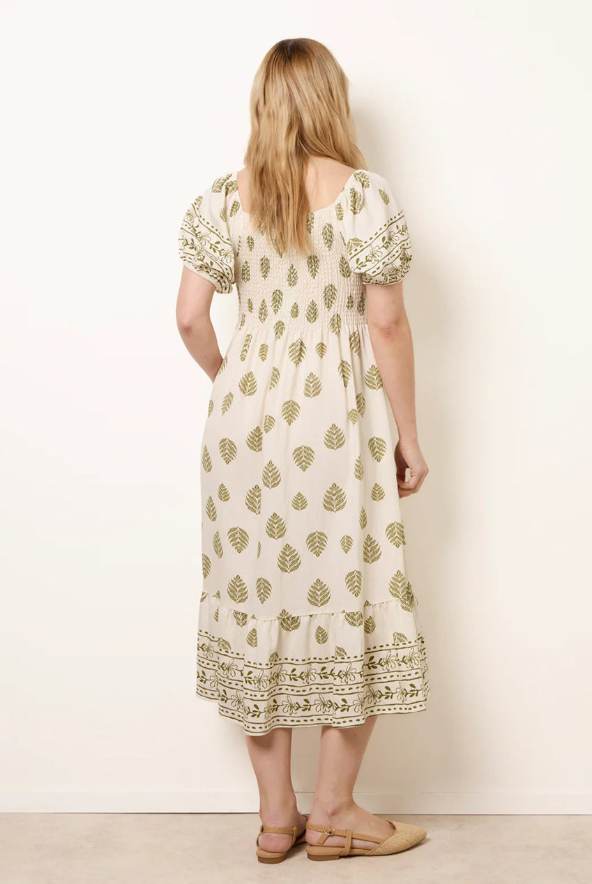 Square Neck Puff Sleeve Shirred Border Midi Dress BV269981023