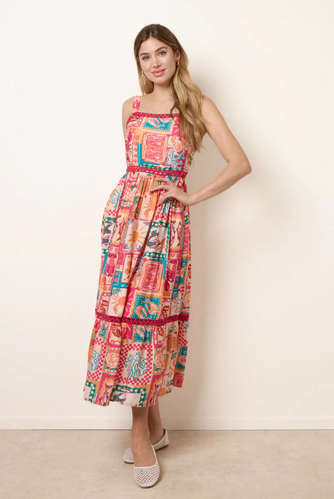 Ric Rac Trim Postcard Print Dress by Blue Vanilla