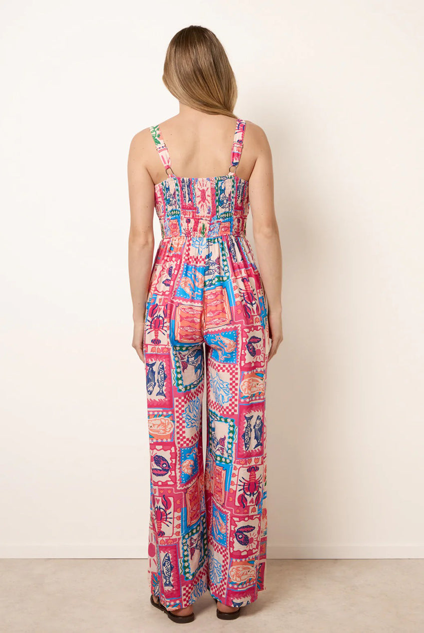 Tie Front Jumpsuit In Postcard Print BV269993020