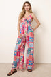 Tie Front Jumpsuit In Postcard Print by Blue Vanilla