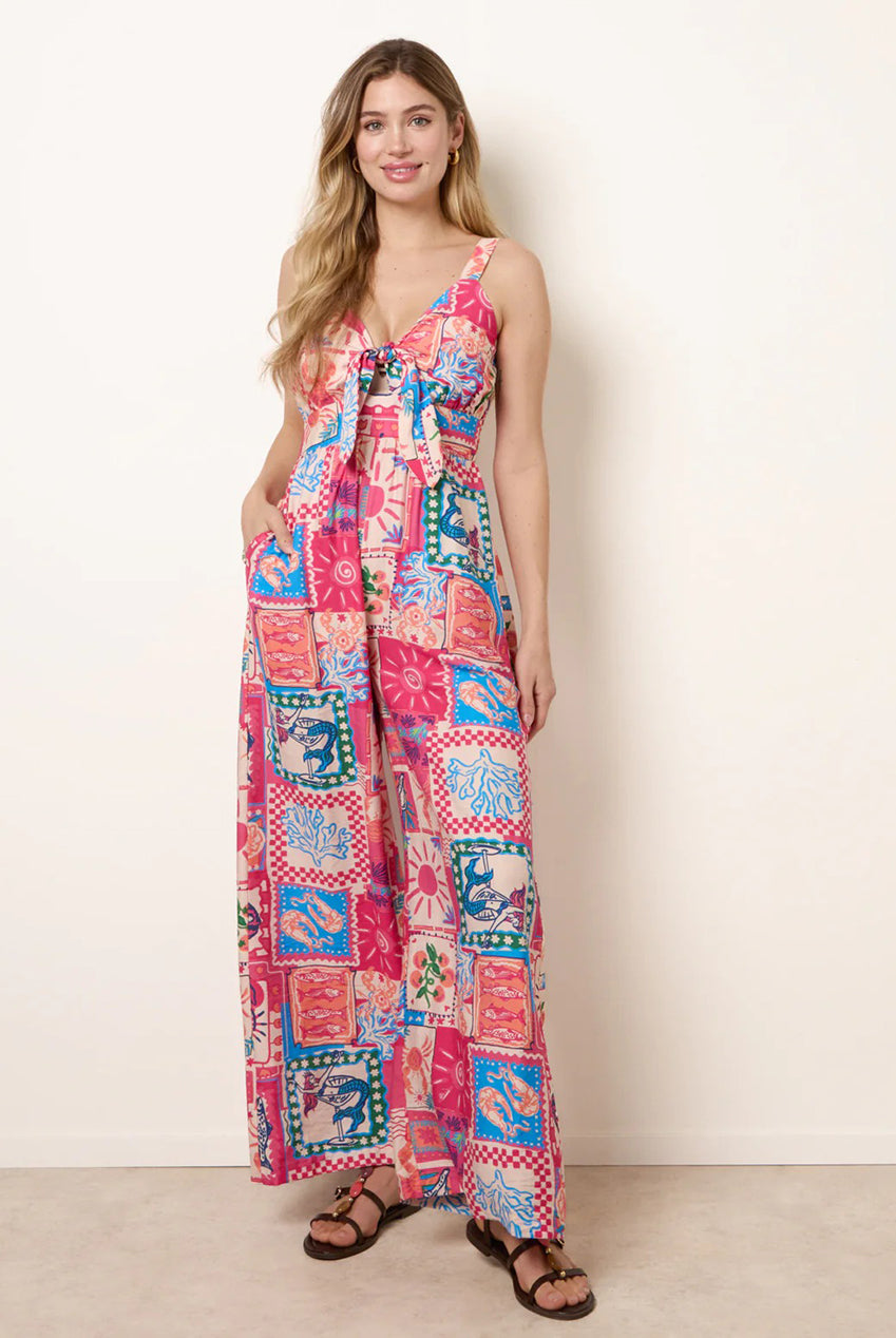 Tie Front Jumpsuit In Postcard Print BV269993020